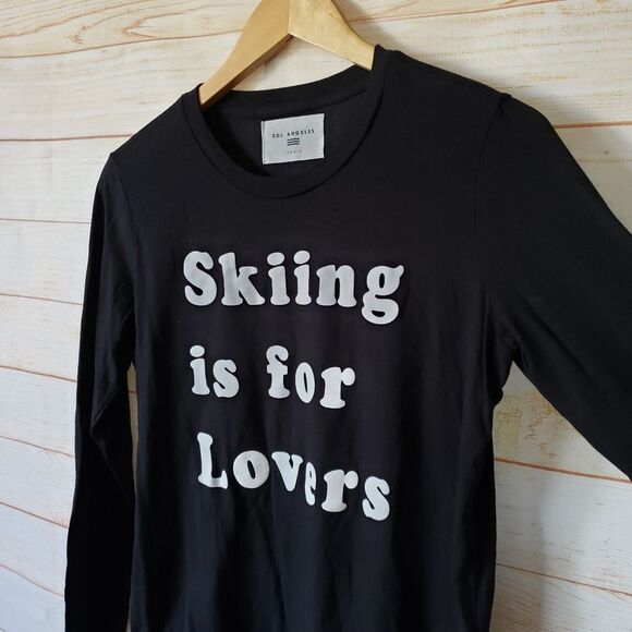 Sol Angeles "skiing is for lovers" Long Sleeve Knit T-Shirt Women's Small Black - Picture 3 of 7